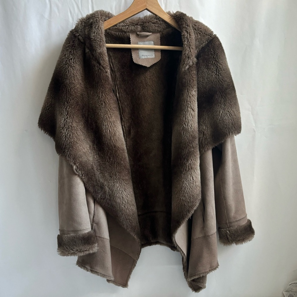 Pinko Faux Fur Suede Coat Cream Size Medium - Picture 7 of 17